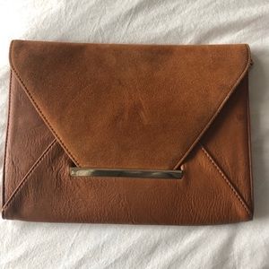 Camel faux leather and suede envelope clutch
